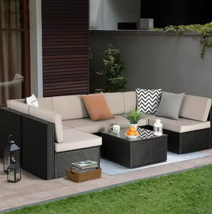 7 Pieces Outdoor Furniture Rattan Sectional Patio Sofa Set