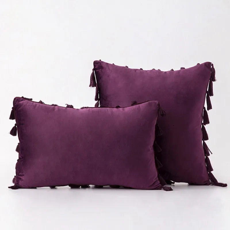 Velvet Decorative Pillow Cover with Boho Tassel Fringe – Soft & Stylish Cushion