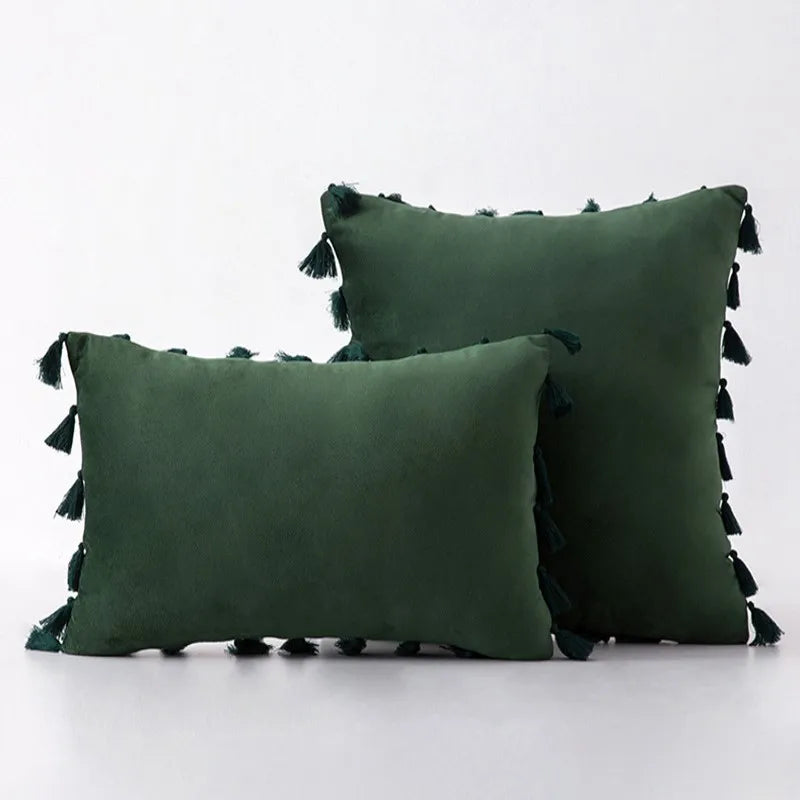 Velvet Decorative Pillow Cover with Boho Tassel Fringe – Soft & Stylish Cushion