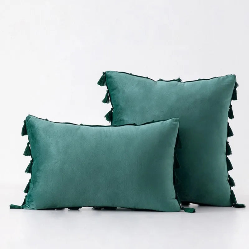 Velvet Decorative Pillow Cover with Boho Tassel Fringe – Soft & Stylish Cushion