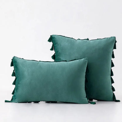 Velvet Decorative Pillow Cover with Boho Tassel Fringe – Soft & Stylish Cushion