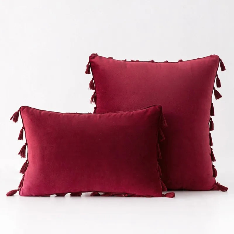 Velvet Decorative Pillow Cover with Boho Tassel Fringe – Soft & Stylish Cushion