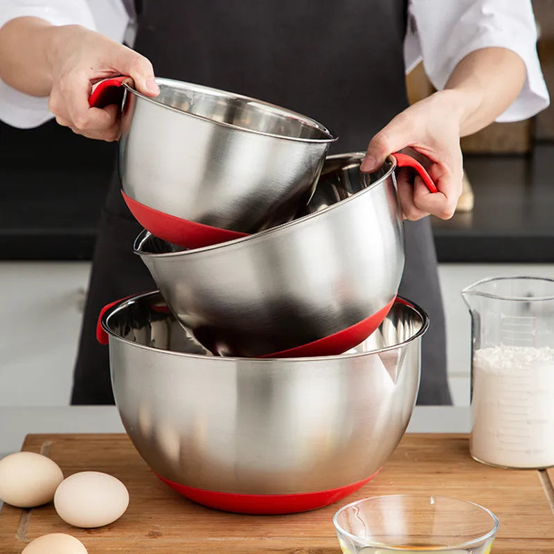 Stainless Steel Salad Mixing Bowl with Scale and Non-Slip Base