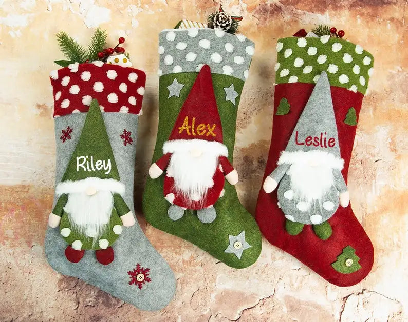 Custom Christmas Stockings Family Stockings Name Stocking Gnome Stockings Set Christmas Gift Personalized Gnomes Elf Stocking