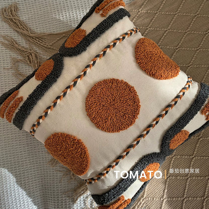 Retro Scandinavian Boho Tufted Cushion Cover – Hand-Painted Luxury with Tassel Accents