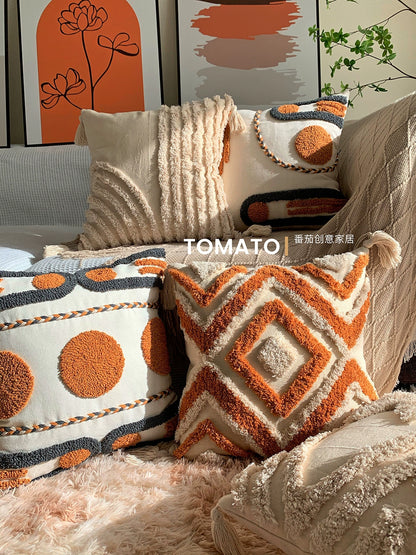 Retro Scandinavian Boho Tufted Cushion Cover – Hand-Painted Luxury with Tassel Accents