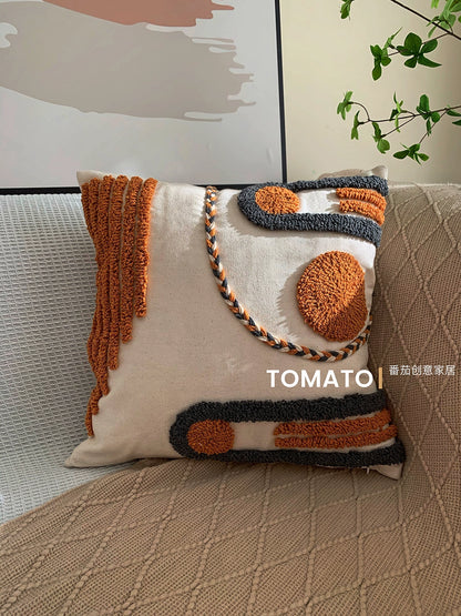 Retro Scandinavian Boho Tufted Cushion Cover – Hand-Painted Luxury with Tassel Accents