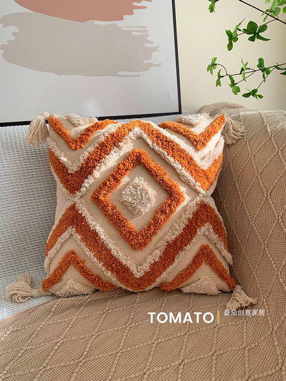 Retro Scandinavian Boho Tufted Cushion Cover – Hand-Painted Luxury with Tassel Accents