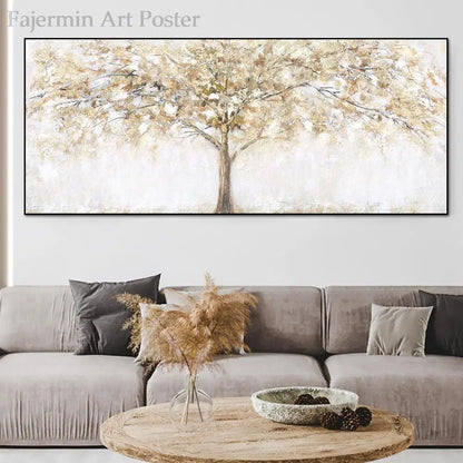 Large Gold Tree Canvas Painting - Autumn Landscape Wall Art