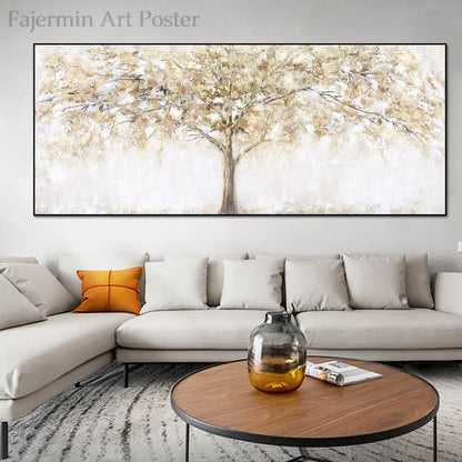 Large Gold Tree Canvas Painting - Autumn Landscape Wall Art