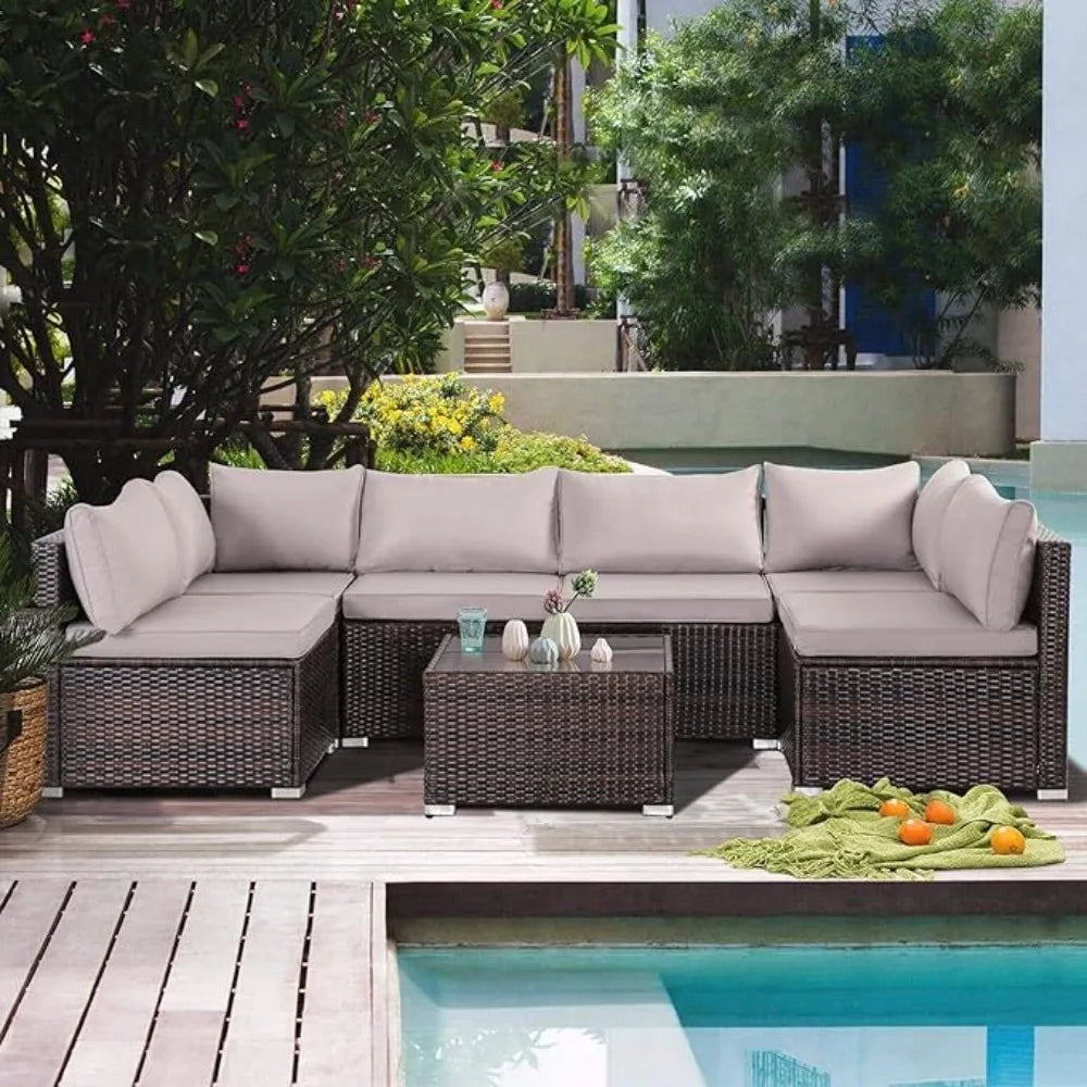 7-Piece Modular Patio Furniture Set - Wicker Outdoor Sectional Sofa