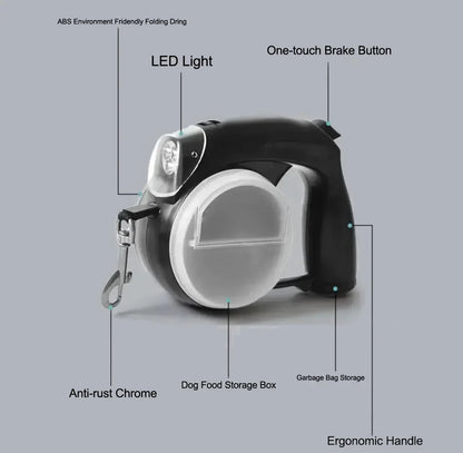 Retractable Dog Leash with LED Light & Poop Bag Dispenser