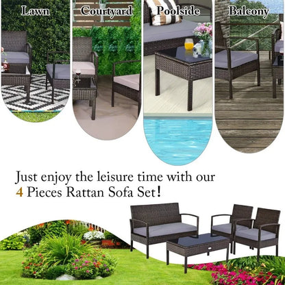 Mocha 4-Piece Patio Rattan Furniture Set with Cushions & Coffee Table