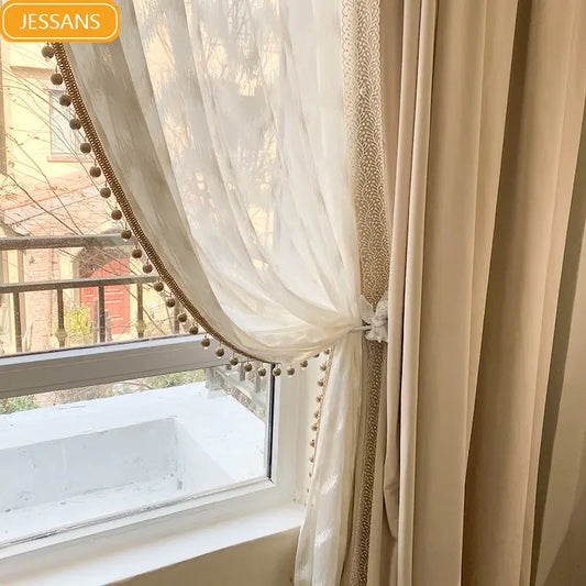 French Light Luxury Blackout Velvet Curtains with Lace