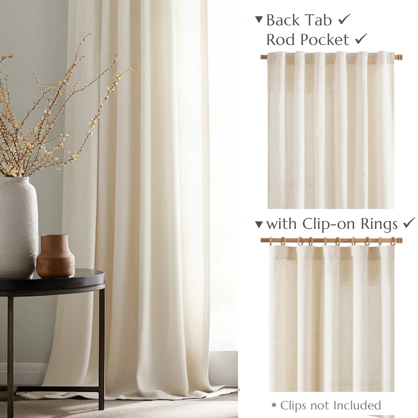 Farmhouse Style Natural Linen Light-Filtering Curtains