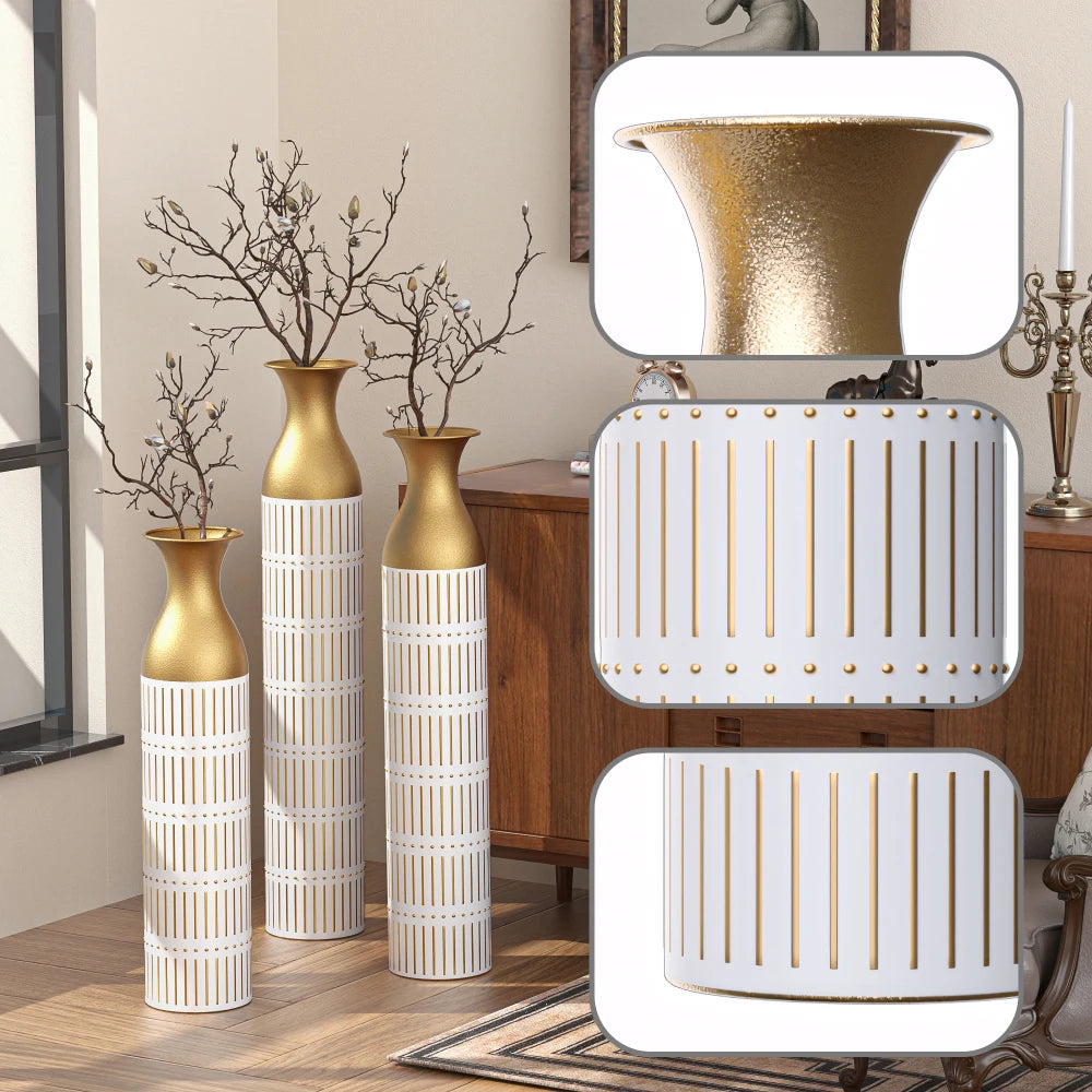 Elegant White & Gold Metal Floor Vase Set – A Luxe Statement for Your Home