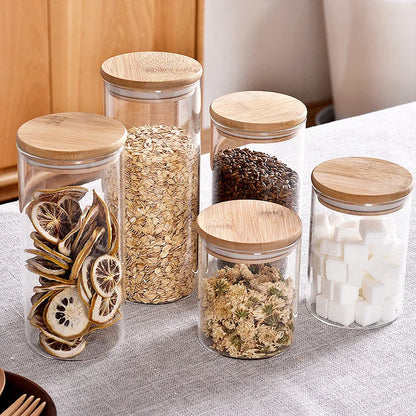 Glass Airtight Canister with Wood Lid - Kitchen Storage Jars