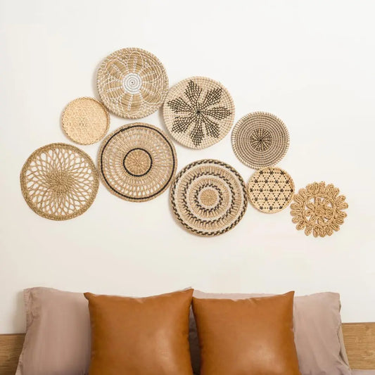 Set of 9 Boho Rattan Wall Decor - Handcrafted Wicker Basket Wall Art