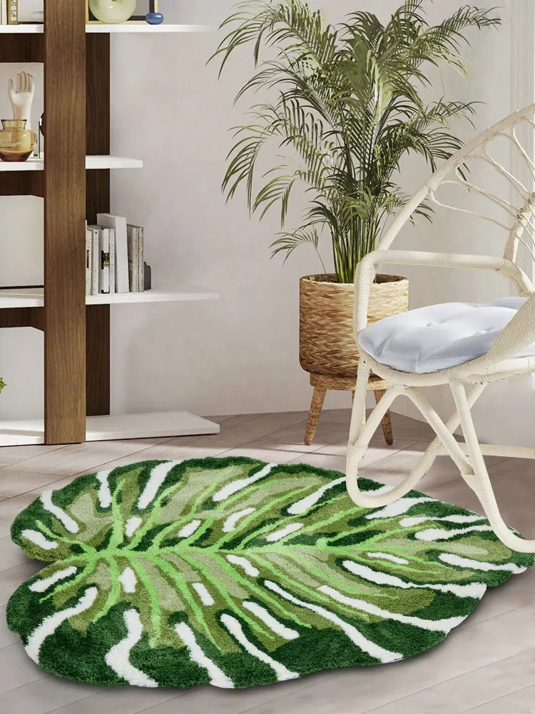 Irregular Monstera Tufted Rug - Tropical Leaf Plush Area Mat