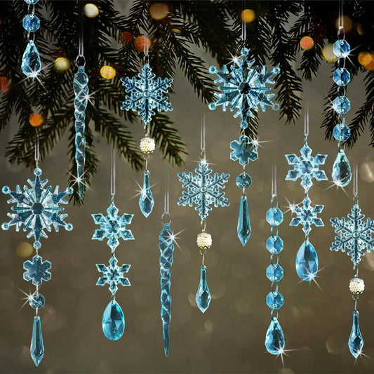 18pcs/Set Transparent Blue Snowflake Ice Pillar Christmas Tree Decoration Pendant Christmas Hanging Decoration Acrylic Pendant