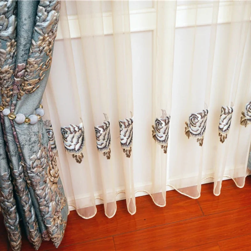 European Royal Luxury Blue Embossed Jacquard Full Blackout Curtains