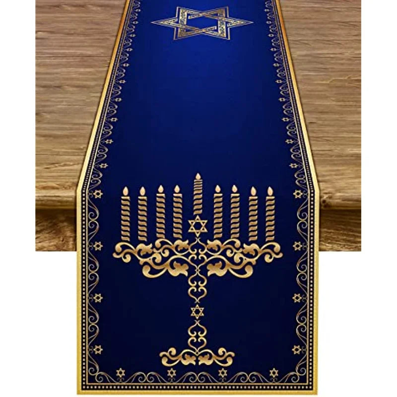 Hanukkah Menorah Linen Table Runner – Star of David Holiday Décor