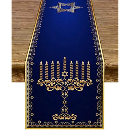 Hanukkah Menorah Linen Table Runner – Star of David Holiday Décor