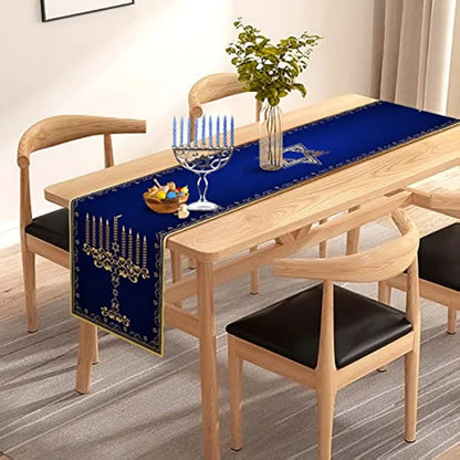 Hanukkah Menorah Linen Table Runner – Star of David Holiday Décor