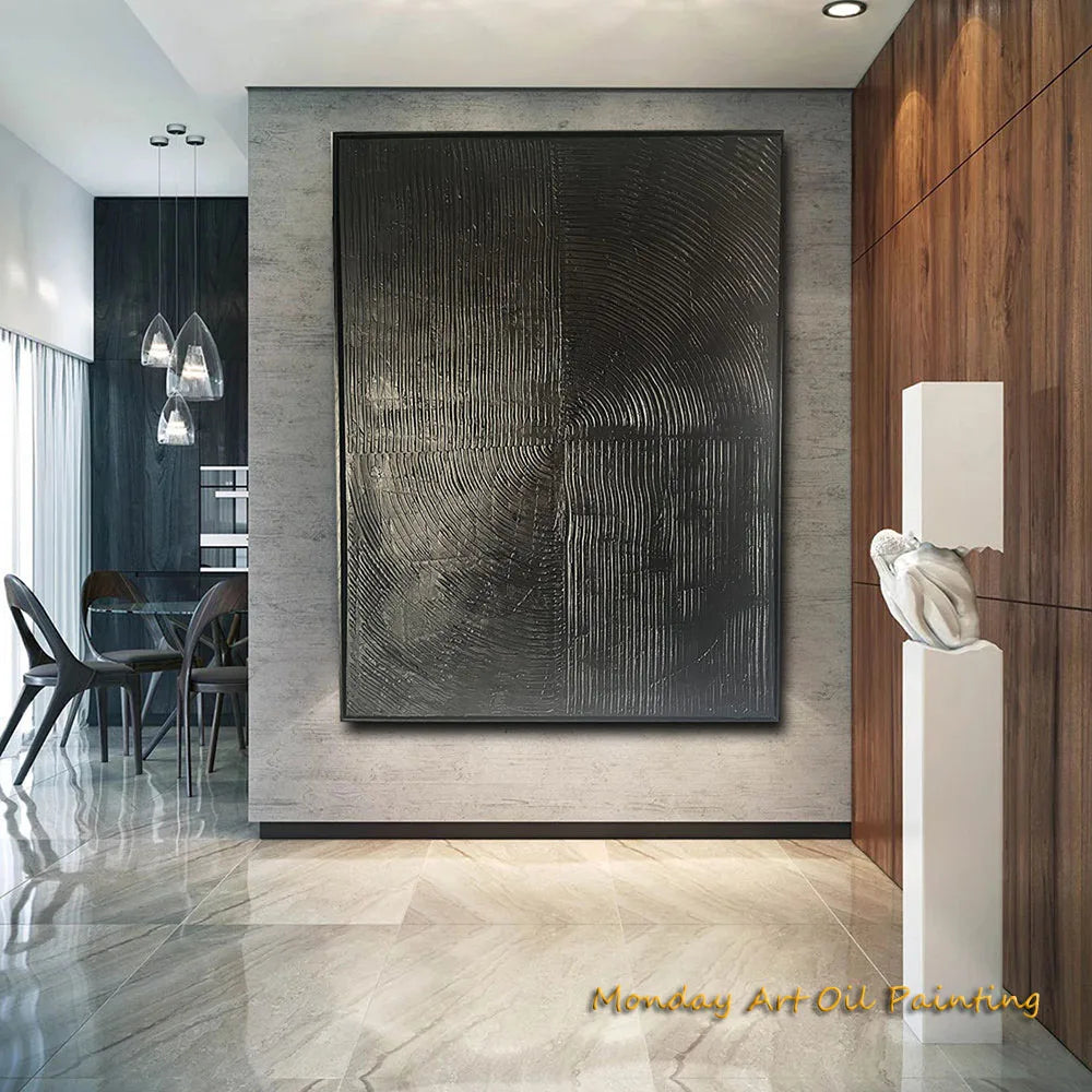 Hand-Painted Textured Abstract Black Canvas Art