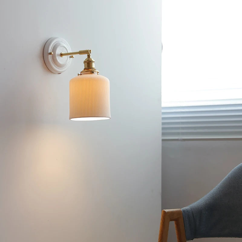 Modern LED Wall Sconce – Ceramic Shade with Copper Arm & Pull Chain