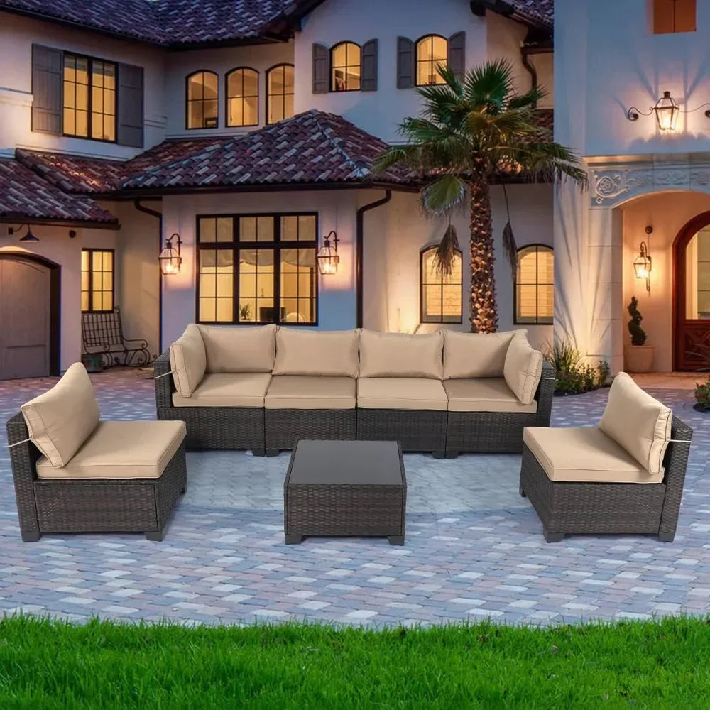 7 Pieces Outdoor Patio Furniture Set – Rattan Sectional Sofa with Tea Table