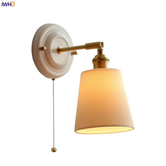 Modern LED Wall Sconce – Ceramic Shade with Copper Arm & Pull Chain