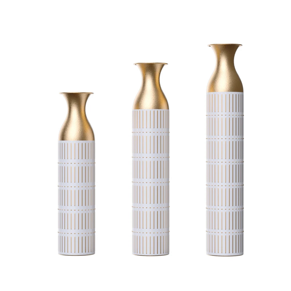 Elegant White & Gold Metal Floor Vase Set – A Luxe Statement for Your Home