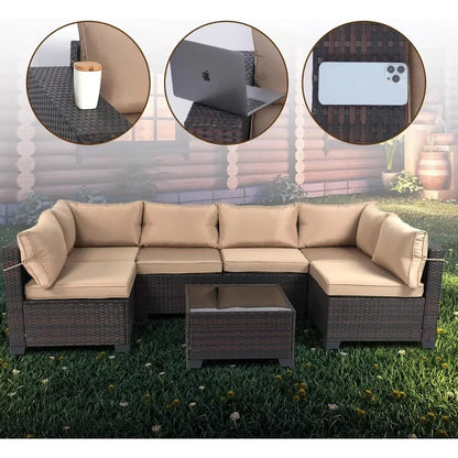 7 Pieces Outdoor Patio Furniture Set – Rattan Sectional Sofa with Tea Table