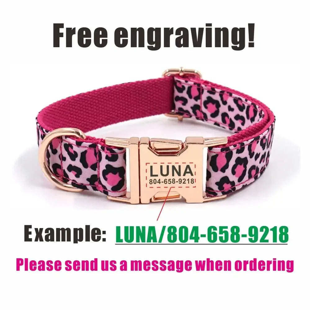 Personalized Dog Collar with Engraved ID Tag – Custom Pink Leopard Design