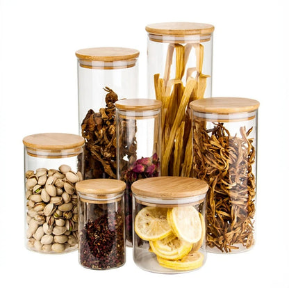 Glass Airtight Canister with Wood Lid - Kitchen Storage Jars