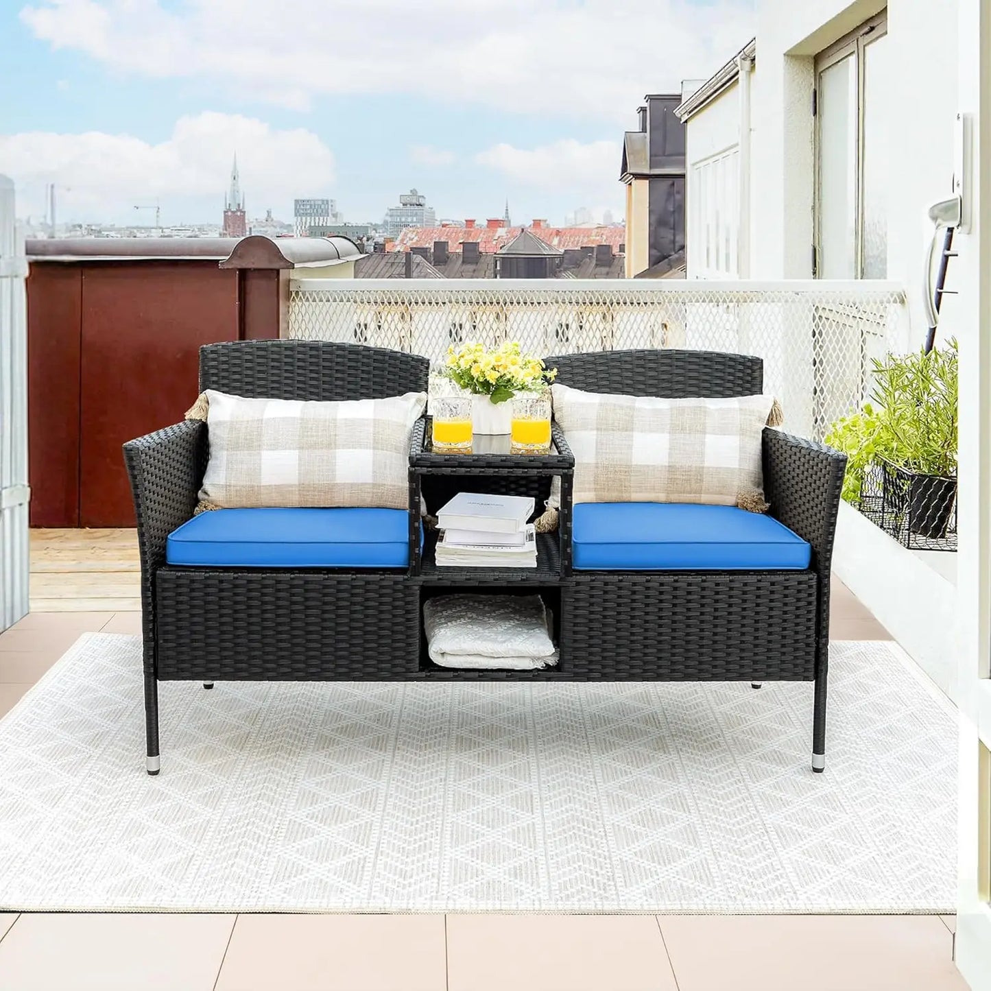 Relax in Style with the Outdoor Patio Loveseat – Wicker with Built-In Table & Cushions