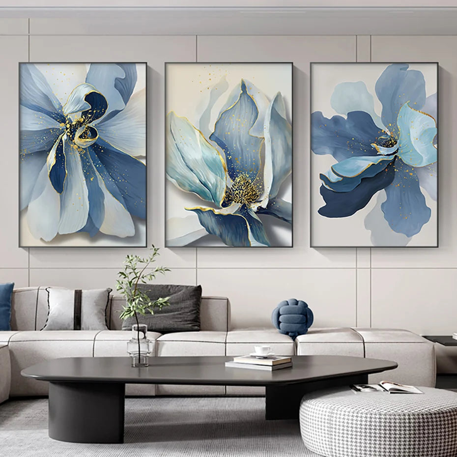 Modern Big Floral Blue Flowers Posters Luxury Abstract Canvas Painting Wall Art Print Pictures Living Room Interior Decor