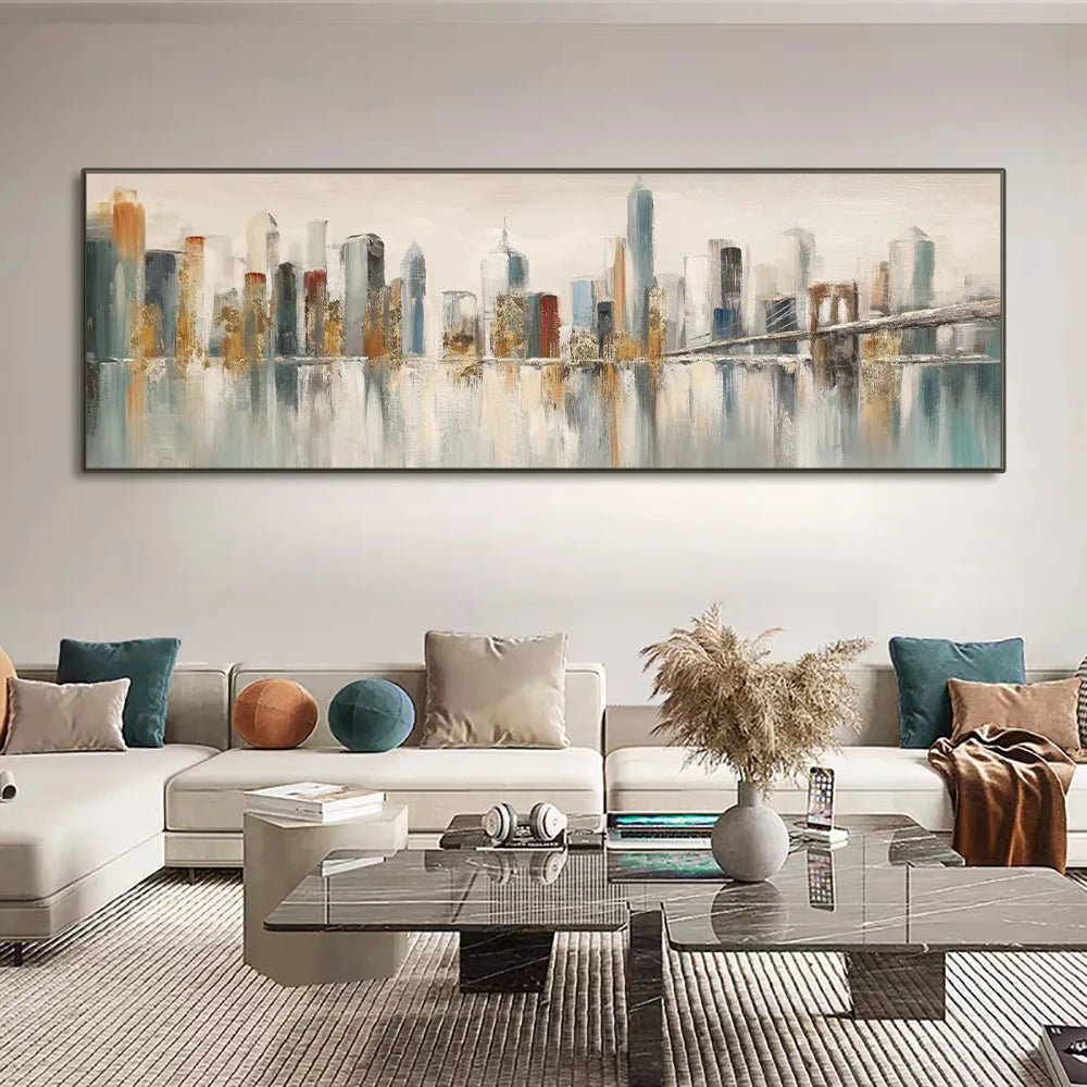 Modern Abstract Brooklyn Bridge Oil Painting - New York Cityscape Wall Art for Living Room Décor