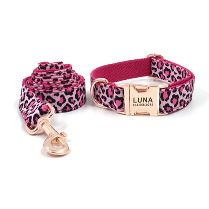 Personalized Dog Collar with Engraved ID Tag – Custom Pink Leopard Design