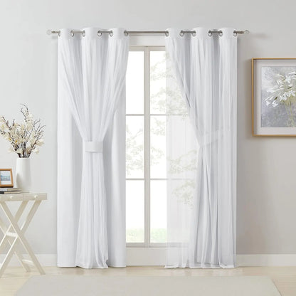 White Double Layer Blackout Curtains with Sheer Overlay – 2 Panel Set