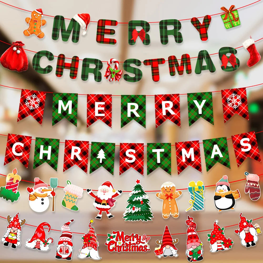 Christmas Banner Hanging Merry Christmas Tree Santa Claus Elk Socks Paper Pulling Flag Home Diy Xmas Party Decoration About 2.5M