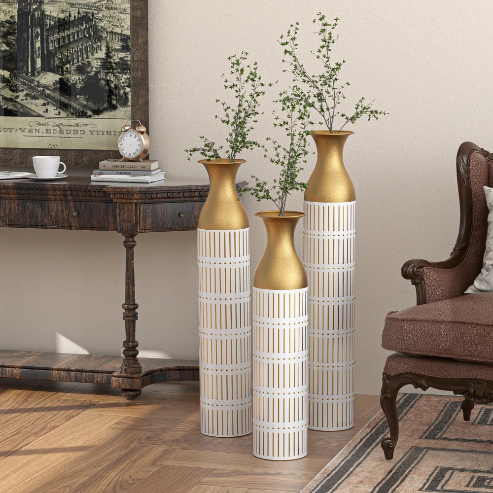 Elegant White & Gold Metal Floor Vase Set – A Luxe Statement for Your Home