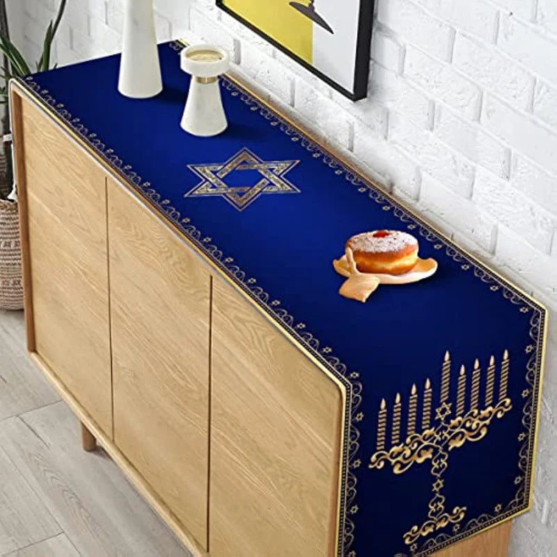 Hanukkah Menorah Linen Table Runner – Star of David Holiday Décor