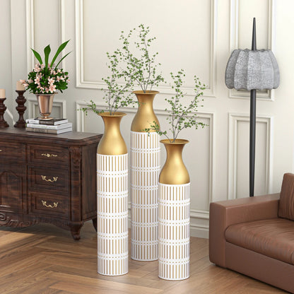 Elegant White & Gold Metal Floor Vase Set – A Luxe Statement for Your Home