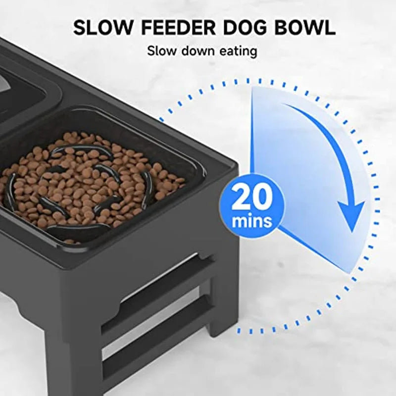 Elevated Dog Bowl with Adjustable Heights, Slow Feeder & No-Spill Design