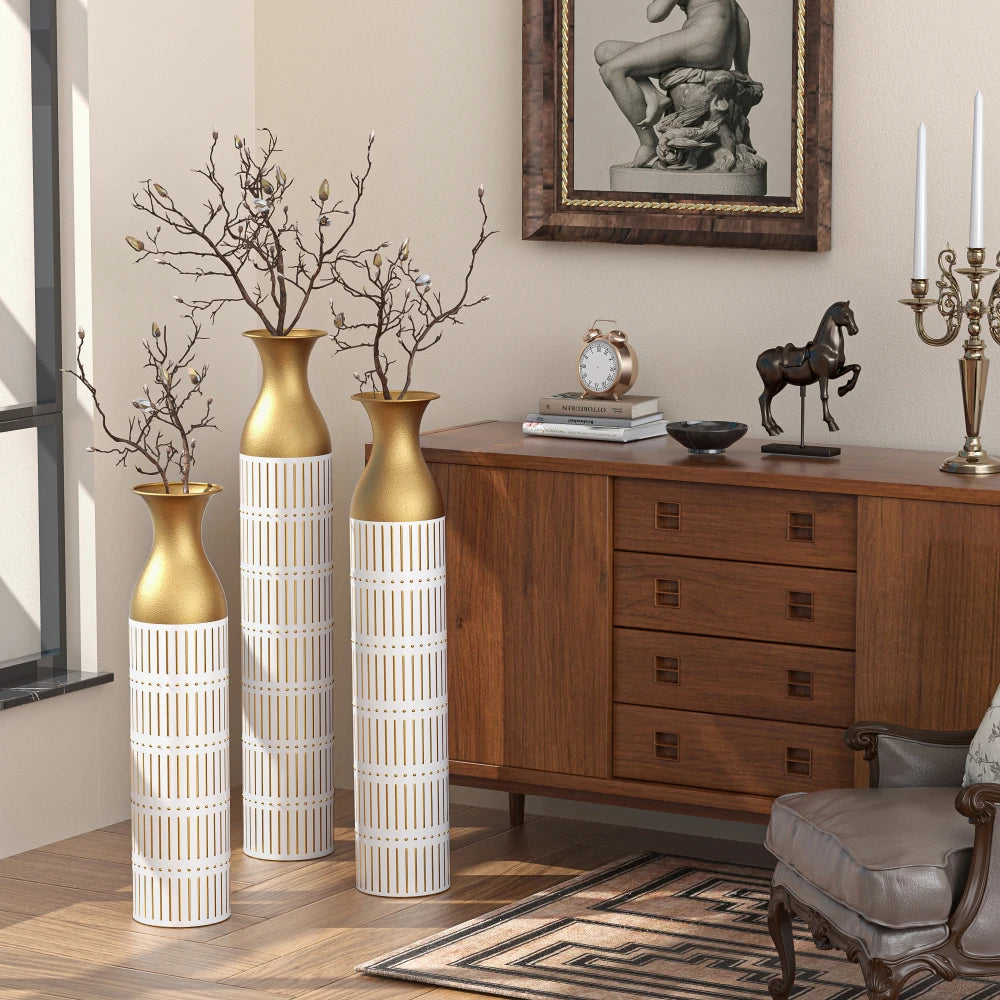 Elegant White & Gold Metal Floor Vase Set – A Luxe Statement for Your Home