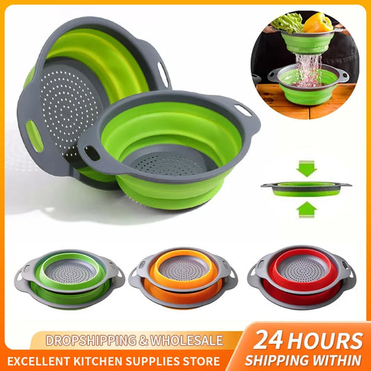 Silicone Round Folding Drain Basket - Collapsible Colander Strainer