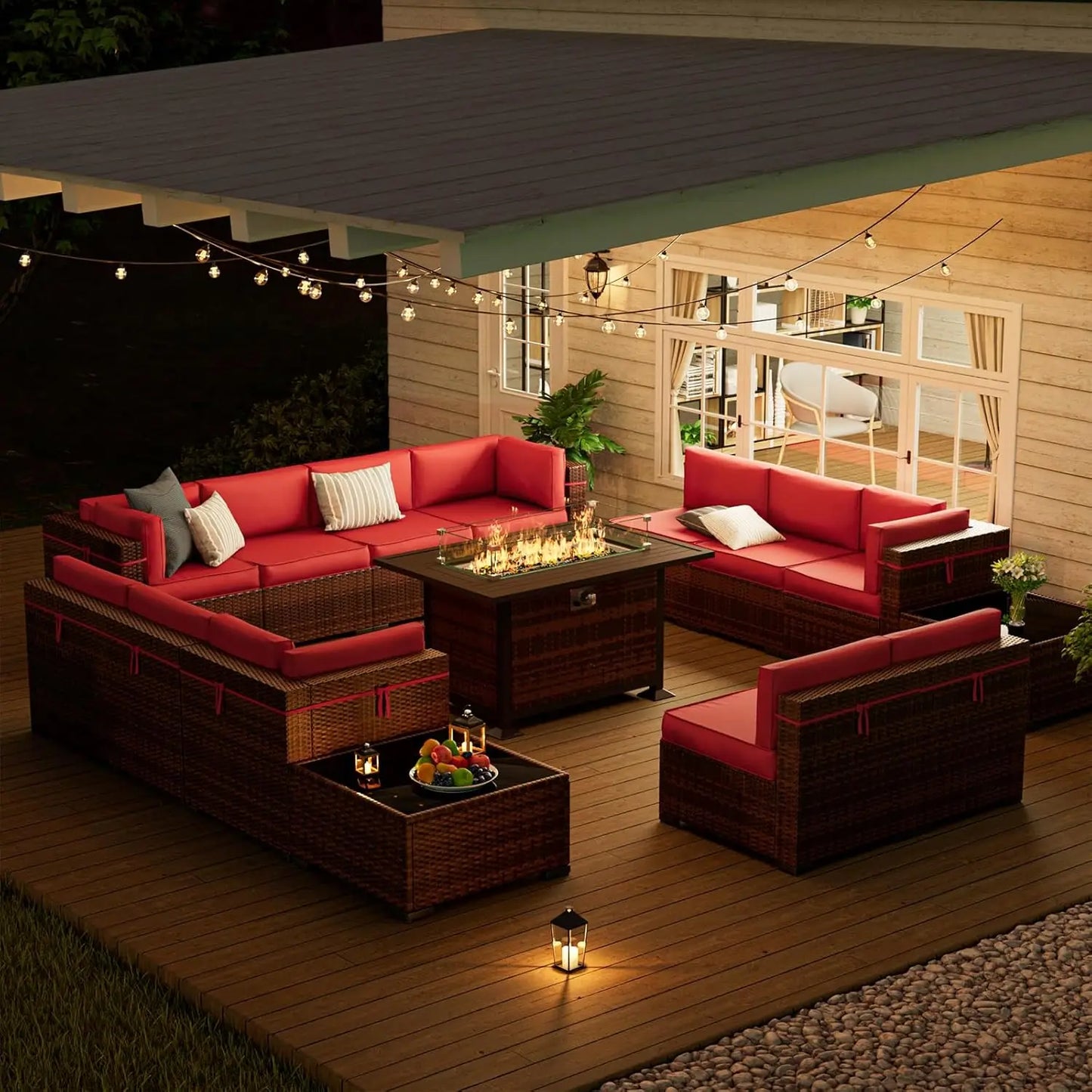 Outdoor Wicker Patio Furniture Set with Gas Fire Pit Table – PE Wicker Conversation Set