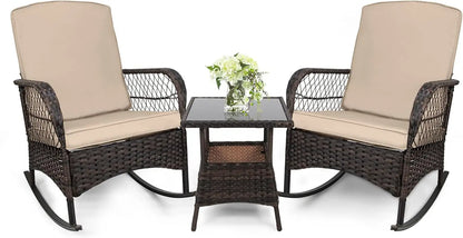 3pcs Rocking Bistro Set Conversation Chairs PE Wicker Outdoor Rocking Chairs